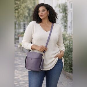 S-ZONE genuine Leather Shoulder Bucket Bag Rich Purple Purse 12”x8”x5”